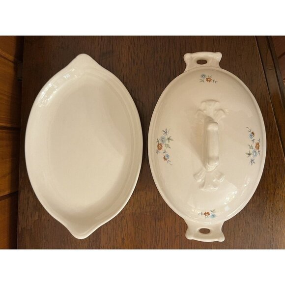 Vintage Ceramic Oval Dish Tureen With Lid With Plate Flower Design 7.5” x 5.5” - Picture 4 of 12
